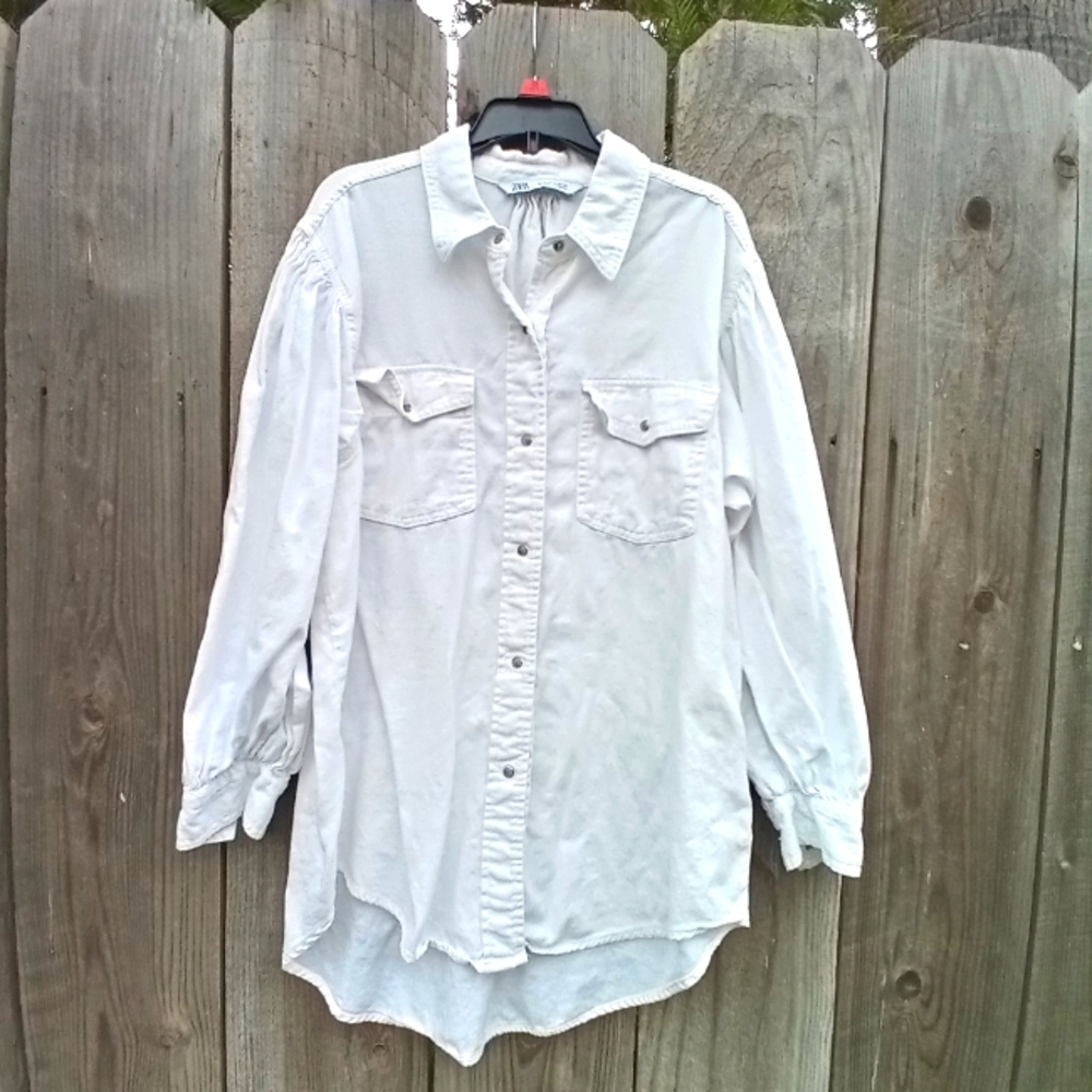 Overshirt ZARA Medium Ivory Snap Closure Collared Long Sleeves Chest Pockets